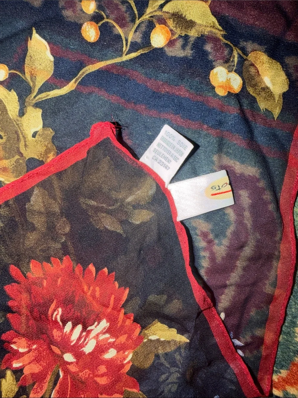 Vintage Talbots 100% Silk Square Scarf Black Floral Bouquet 34